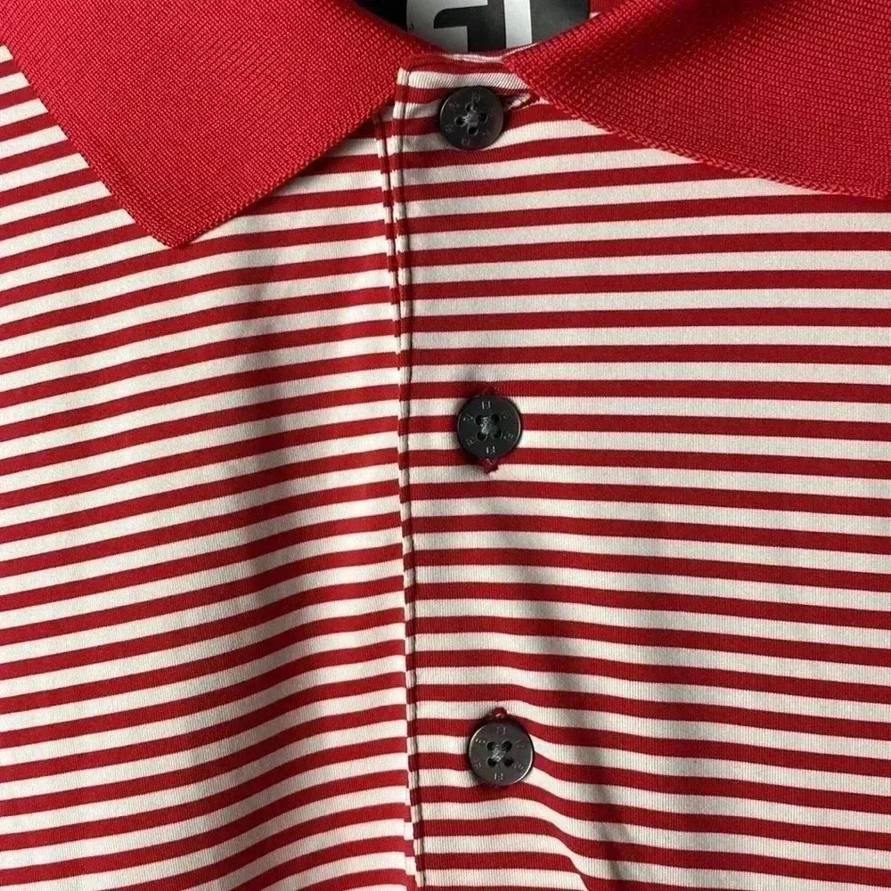 FOOTJOY MENS SIZE LARGE RED AND WHITE STRIPE POLO SHIRT POLYESTER SPANDEX - Picture 4 of 13